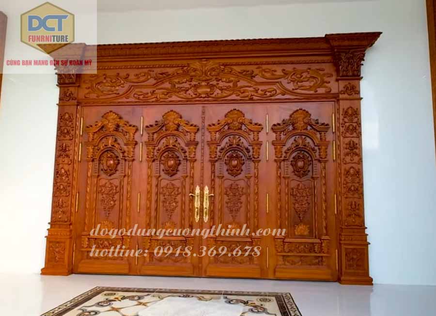 Bộ cửa chính cổ điển hoàng gia gỗ gõ đỏ cao cấp CC59GD